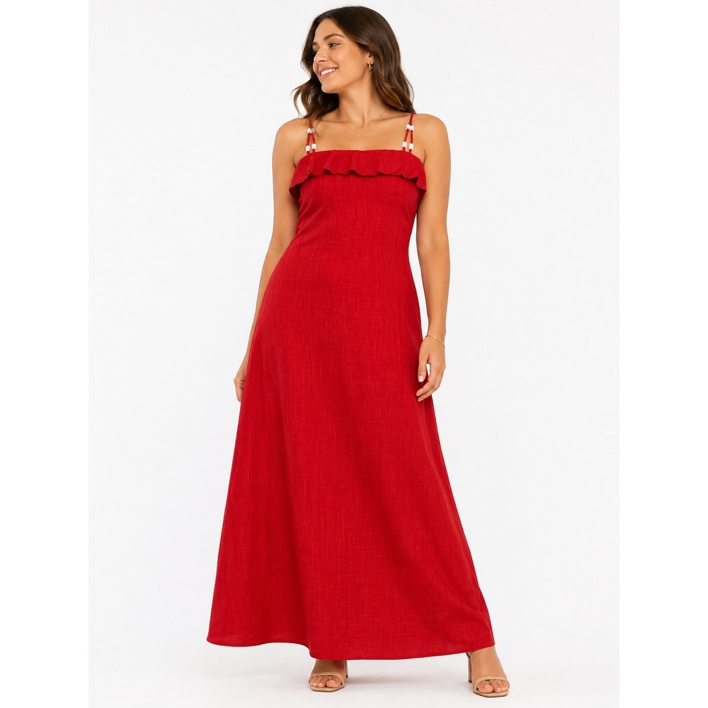 Abel The Label Red Linen Blend Pearl Strap Ruffle Maxi‎ Dress Womens Large NWT